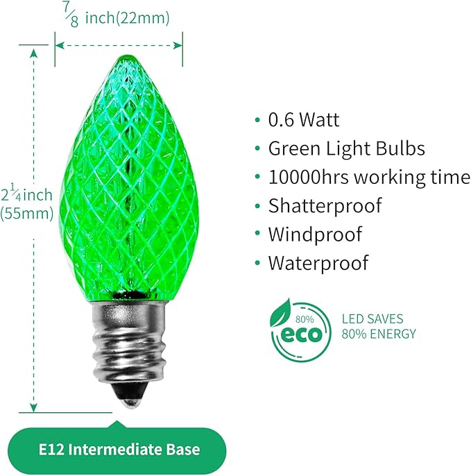 Meconard C7 Led Replacement Christmas Light Bulbs, C7 Shatterproof Led Bulbs for Christmas Indoor Outdoor String Lights, E12 Candelabra Base, Commercial Grade Holiday Light Bulbs, Green, 25 Pack - Bloomnest
