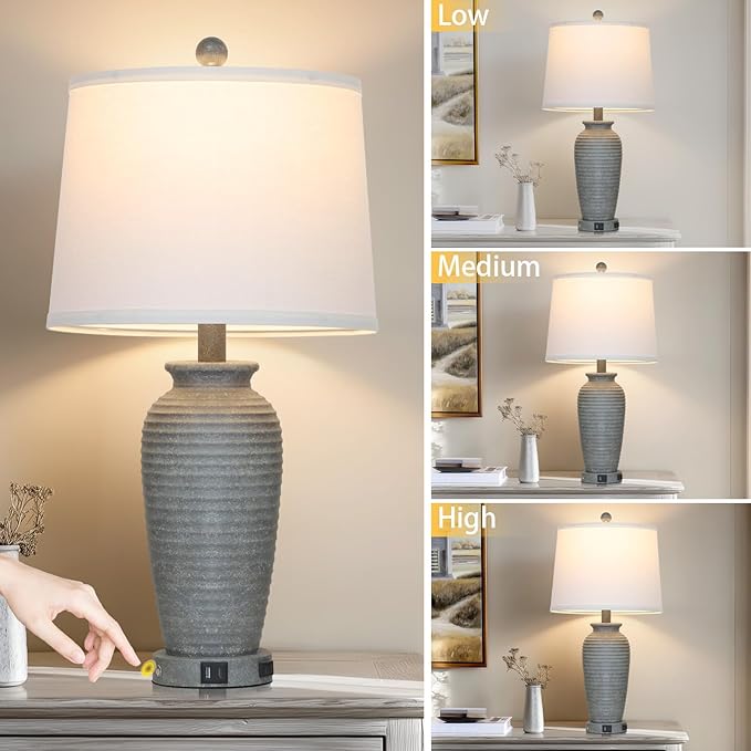 25" Grey Farmhouse Jar Table Lamps, 3 Way Touch Control Rustic Bedside Lamps with USB A+C Ports & AC Outlet, Pot Nightstand Lamps for Bedroom End Table (LED Bulbs Included) - Bloomnest