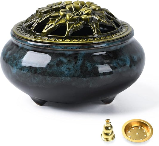Ceramic Incense Burner with Incense Holder+Spacer Layer+Fireproof Cotton,Handmade Smudging Burn Bowl for Stick or Coil Incense,Sage Cones and Frankincense (Dark Blue) - Bloomnest