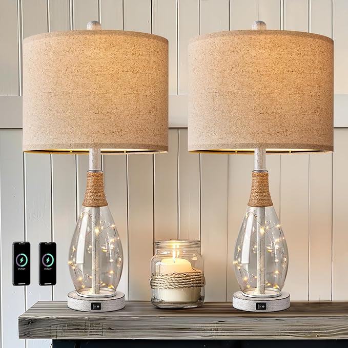 OYEARS 23" Table Lamps for Living Room Set of 2 Bedside Lamps for Night Stands Bedroom Lamps Farmhouse Rattan Boho Lamp Glass Nightlight End Table Lamp with USB C+A (White),Two Light Points - Bloomnest