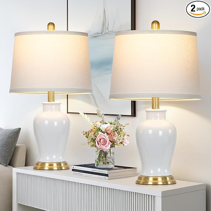Modern Ceramic Table Lamps Set of 2, 23" White Ceramic Lamps for Living Room, Rustic Farmhouse Bedside Lamp with Ginger Jar Design, Elegant Bedroom Lamp for Nightstand Desk Side End Table Home Decor - Bloomnest
