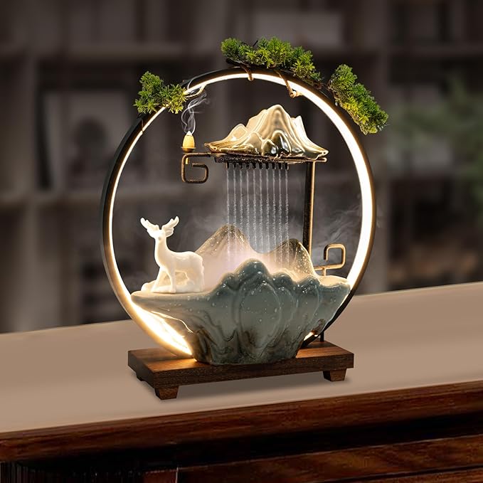 Ceramic Water Fountains Indoor Waterfall Relaxation Desktop Fountain Zen Meditation Rockery Tabletop Fountain Waterfall Feng Shui Water Fountain with Lights for Good Luck - Bloomnest