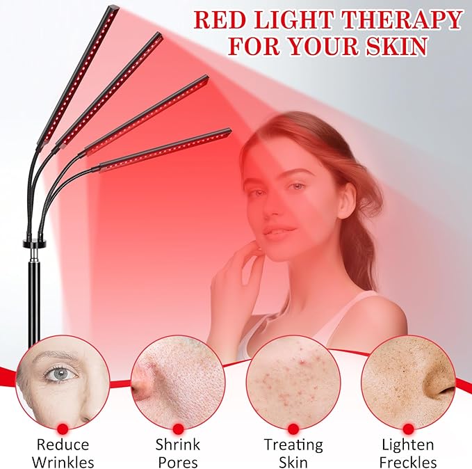 SAVILER® Red Light Therapy with 4 Heads, 3-in-1 Chip Infrared Light Therapy Device, Adjustable Stand, 660nm Red Light and 850nm Near Infrared Light for Face, Body, Pain,Skin, Home Use