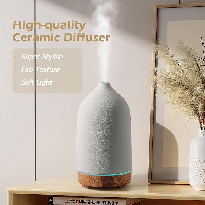 Diffuserlove Ceramic Essential Oil Diffuser 160ML Aromatherapy Diffuser for Home Bedroom Room Cool Mist Humidifier Stone Air Diffusers with Yellow Wood Pattern Base (Size:6.8" H x 3.6" W) - Bloomnest