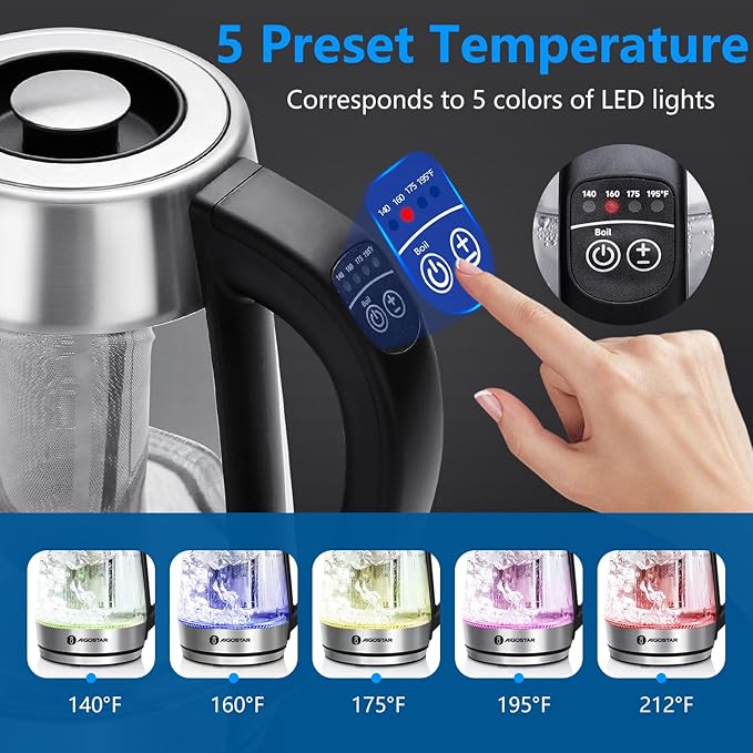 Aigostar Electric Kettle, Tea Kettle with Temperature Control and Tea Infuser, 1500W Hot Water Kettle with Variable Temperature, Keep Warm Function, LED Indicator Light Change, Auto Shut-Off, 1.7L