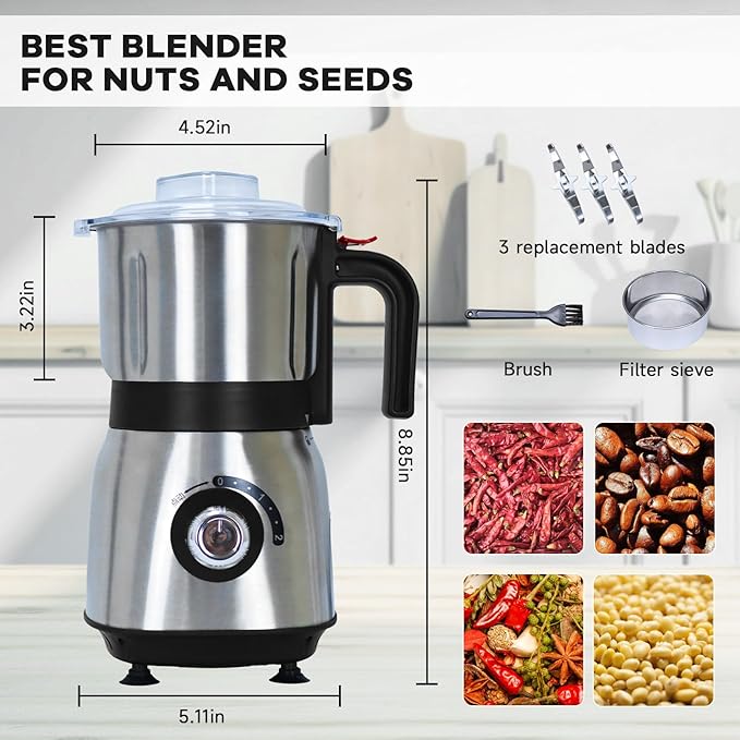 Electric Spice and Nut Grinders - 3 Stainless Steel Blades, 1 Filter, 1 Brush - 500W Grinder for Kitchen Dry Use (Black) - Bloomnest