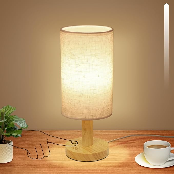 Small Touch Table Lamp with Stepless Dimming&USB Plug,Natural Round Wood Base&Linen Fabric Shade |Soft Ambient Warm Night Light|Minimalist Boho Bedside Lamp for Bedroom,Nightstand,Nursery,Kitchen,Dorm - Bloomnest