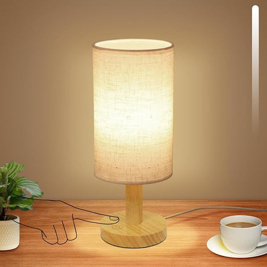 Small Touch Table Lamp with Stepless Dimming&USB Plug,Natural Round Wood Base&Linen Fabric Shade |Soft Ambient Warm Night Light|Minimalist Boho Bedside Lamp for Bedroom,Nightstand,Nursery,Kitchen,Dorm - Bloomnest