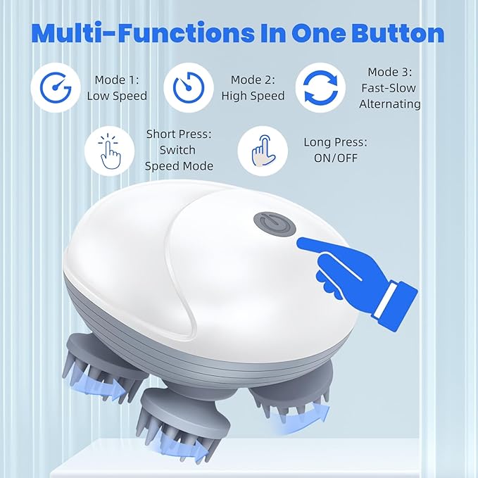 Upgraded Electric Scalp Massager for Men Women, Handheld Cat Dog Pet Head Massager with 4 Massage Heads, 3 Speeds, Waterproof Massager for Soothing Muscles Joints, Hair Growth, Stress Relax Bloomnest