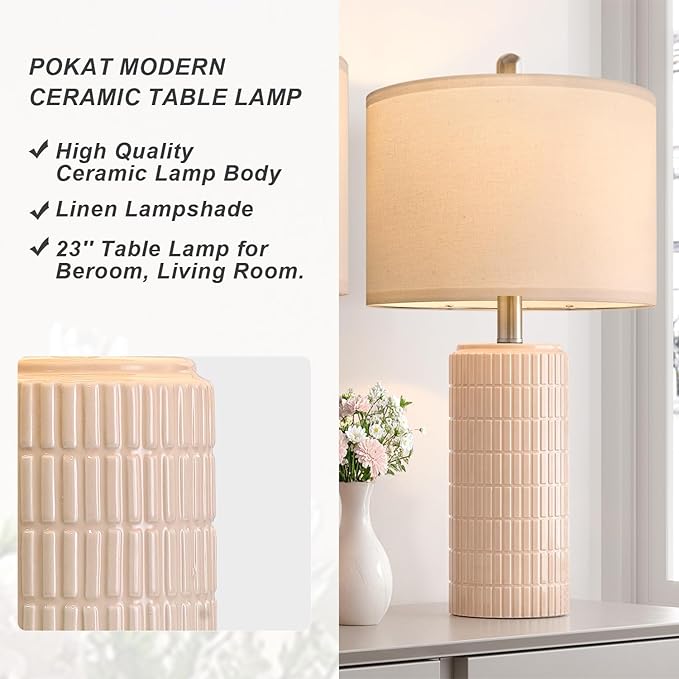 PoKat 23" Pink Ceramic Table Lamps Set of 2, Modern Bedroom Lamps for Girls Room, Bedside Lamps for Night Stands, Cute Lamps for Living Room Decor, Nightstands Desk Lamp, Pink - Bloomnest