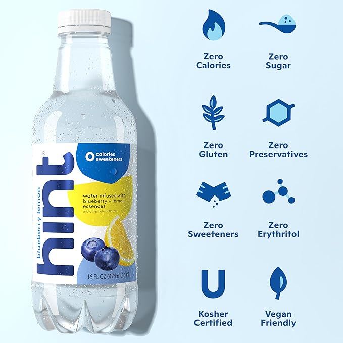 Hint Fruit-Infused Bottled Water, Blueberry Lemon - Sugar Free Flavored Water with Zero Calories, Natural Fruit Essences, and No Artificial Sweeteners - 16 Fl Oz (Pack of 12) - Bloomnest