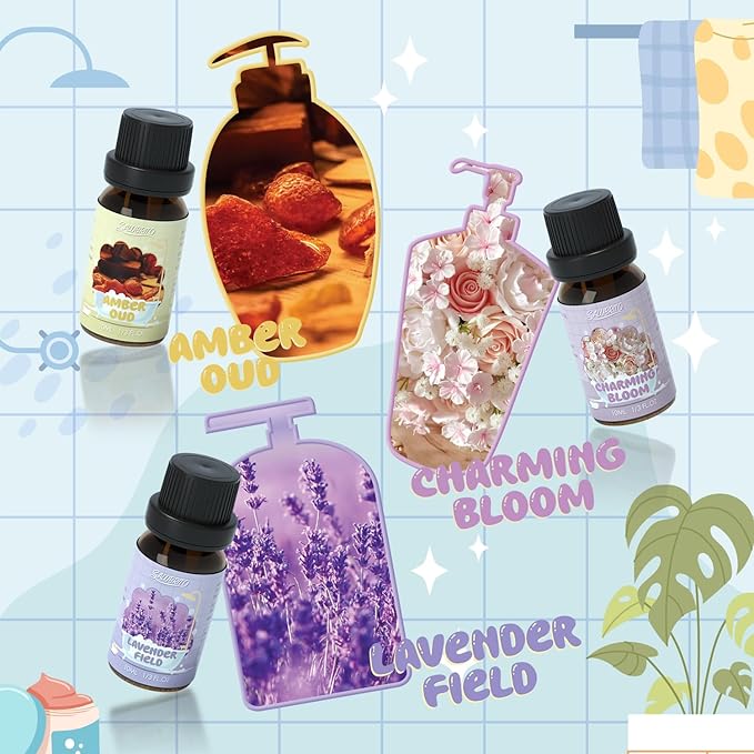 SALUBRITO Bath Fragrance Oils, Premium Essential Oil Set for Diffuser, Soap, Candle Making Scents, Vanilla & Coconut, Sparkling Grapefruit, Lemon Verbena, Amber Oud, Charming Bloom, Lavender Field - Bloomnest
