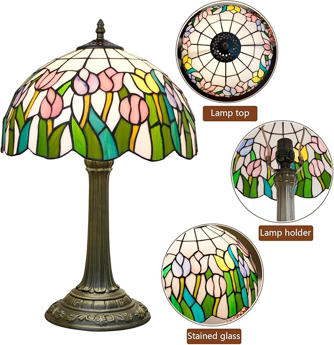 Tiffany Lamp Pink Orange Tulips Style Stained Glass Table Lamp Vintage Bedroom Bedside Light for Home Dorm Office Art Craft Antique Decor Accent Aesthetic Nightstand Reading Light 12x12x19 Inches - Bloomnest