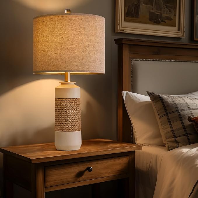 OYEARS 23.75" Bedside Table Lamps Set of 2 for Sleeping and Reading, Vintage Farmhouse Rattan Table Lamp Antique White Resin Lamp for Decoration, Office Living Room Bedside Table - Bloomnest