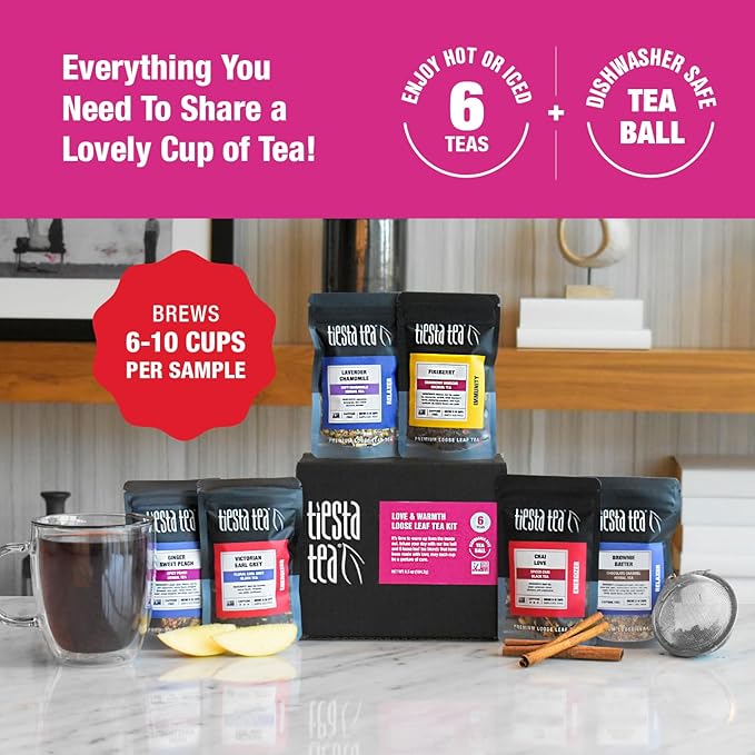 Tiesta Tea - Love & Warmth Loose Leaf Tea Gift Set, Loose Leaf, 6-Flavor Premium Variety Pack with Ball Strainer for Steeping, Brewing, and Enjoying, Valentines Day Assortment to Make Hot or Iced - Bloomnest