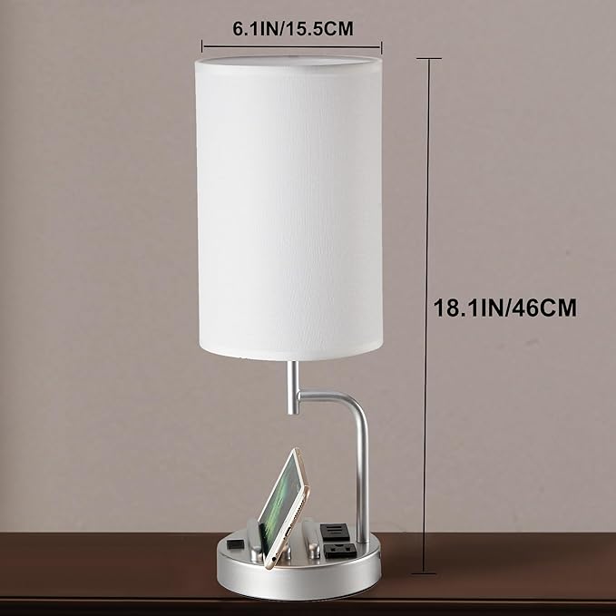 Dreamholder Table Lamp with 3 USB Charging Ports, Modern Desk Lamp with AC Outlet and Phone Stands, Perfect Bedside Lamp for Bedroom, Living Room, Office (Pack of 2), Silver - Bloomnest