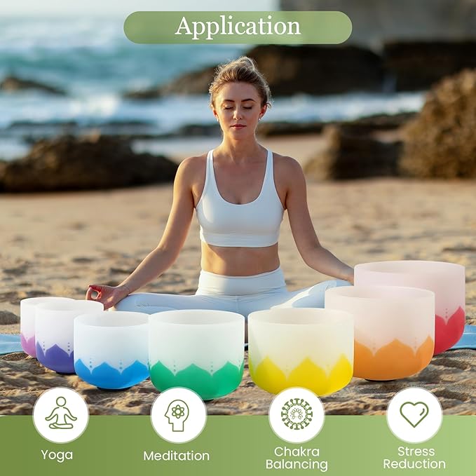 432HZ 6-12 Inch 7 Pcs Lotus Frosted Crystal Singing Bowl Set for Meditation Healing Yoga Chakra Quartz Crystal Sound Bowls with Heavy Duty Carry Cases and Rubber Mallet,Suede Striker,O-rings - Bloomnest
