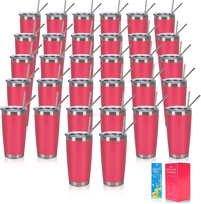 IEOVIEE 32 Pack, 20oz Stainless Steel Bulk Tumblers with Lids and Straws, Double Wall Insulated Travel Mug, Durable Powder Coated Tumbler Bulk Cup for Cold and Hot Drinks(Hot Pink) - Bloomnest