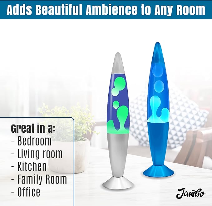 JAMBO 2 Pack- 16" Beautiful Lamp- Silver with Yellow/Green Wax and Blue with Blue/White Wax, Relaxing Liquid Lamp, Night Light Nightlight, Lamps for Adults Teens Kid - Bloomnest