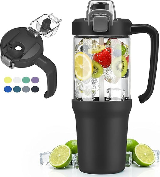 32 oz Glass Tumbler with Handle, 2-in-1 Straw and Sip Spout, Leakproof, BPA-Free Glass Water Bottle for Sports, Office, School, Black - Bloomnest