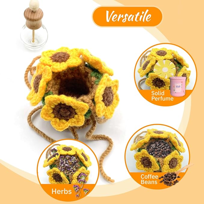 Crochet Car Air Freshener, 15ml Empty Refillable Oil Diffuser Bottle with Hanging Crochet Sunflower for Car Rearview Mirror Decor Air Freshener Diffuser for Home, and Office Decor(Sunflower) - Bloomnest