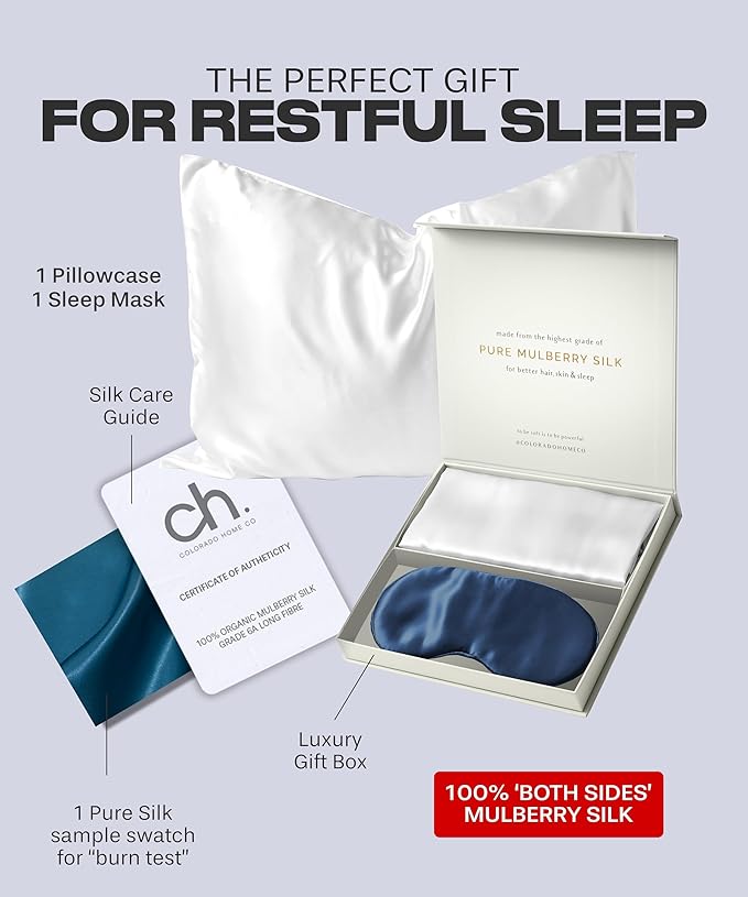 Mulberry Silk Pillowcase Set - Queen Size, Midnight Blue Sleep Mask Included - Bloomnest