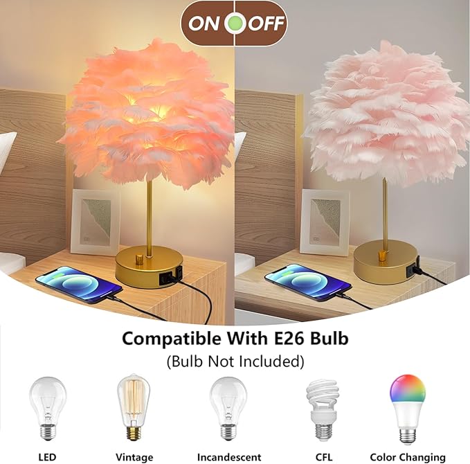 ZYLEIESENBAO Pink Feather USB Charger Table Lamp Feather Bedside Lamp Cute Nightstand Lamp with Outlets Princess Desk Light for Girl Bedroom Living Room Entryway Hotel Wedding Women's Gift Decoration - Bloomnest