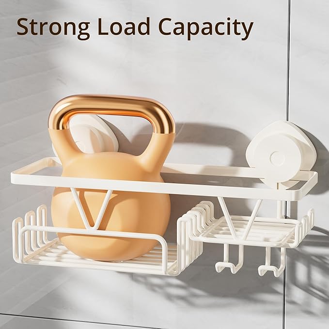 KEGII Shower Caddy Suction Cup with Soap Holder and Hooks, Removable Suction Bathroom Organizer Shelf, No Drilling Shower Organizer, Stainless Steel Shampoo Holder for Bathroom Storage, Cream White - Bloomnest