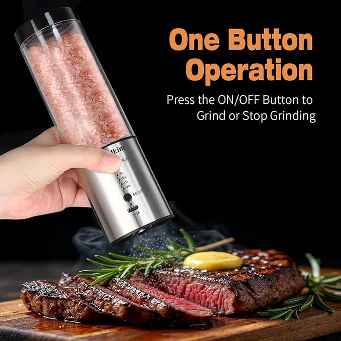 Stainless Steel Electric Pepper Grinder with Massive 240ML See-Through Hopper - USB-C Rechargeable, Adjustable 5-20s Timer, Powerful Ceramic Grinder for Salt, Peppercorns & Dry Spices (2025 Upgraded) - Bloomnest