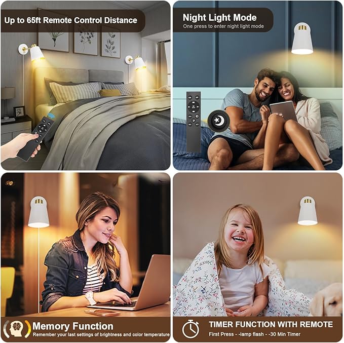 Wall Sconces with Remote Control, Plug in Wall Sconce Adjustable Color Temperature and Dimmable Wall Sconces White Wall Lights with Plug in Cord for Bedroom Bedside Stairway(2 Pack, 2 Bulbs) - Bloomnest