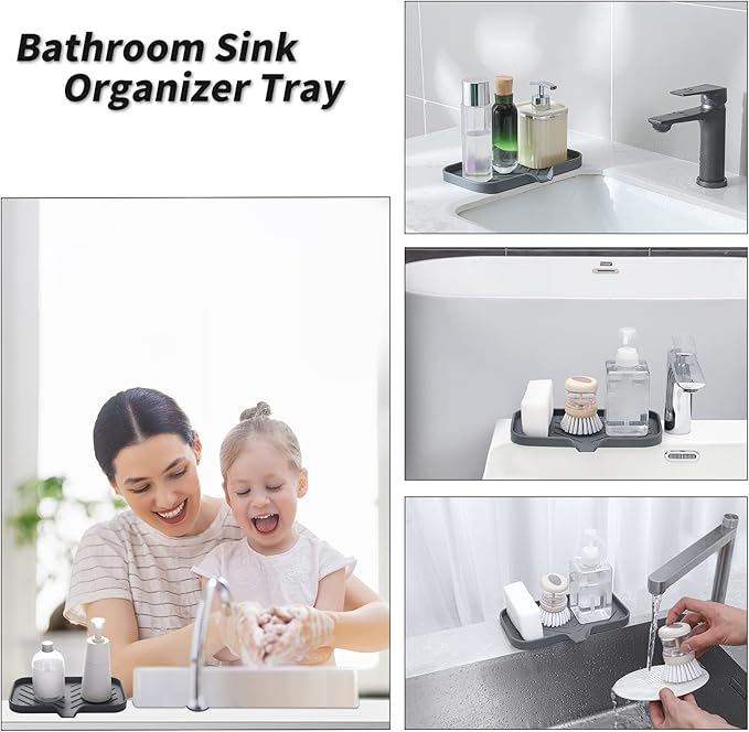 Silicone Bathroom Soap Dishes with Drain Spout-Bathroom and Kitchen Sink Organizer,Sponge Holder,Dish Soap Tray,Perfect for Dispenser,Scrubber,Bottle,Cup on Sink or Counter-Grey 9.6"×5.3" - Bloomnest