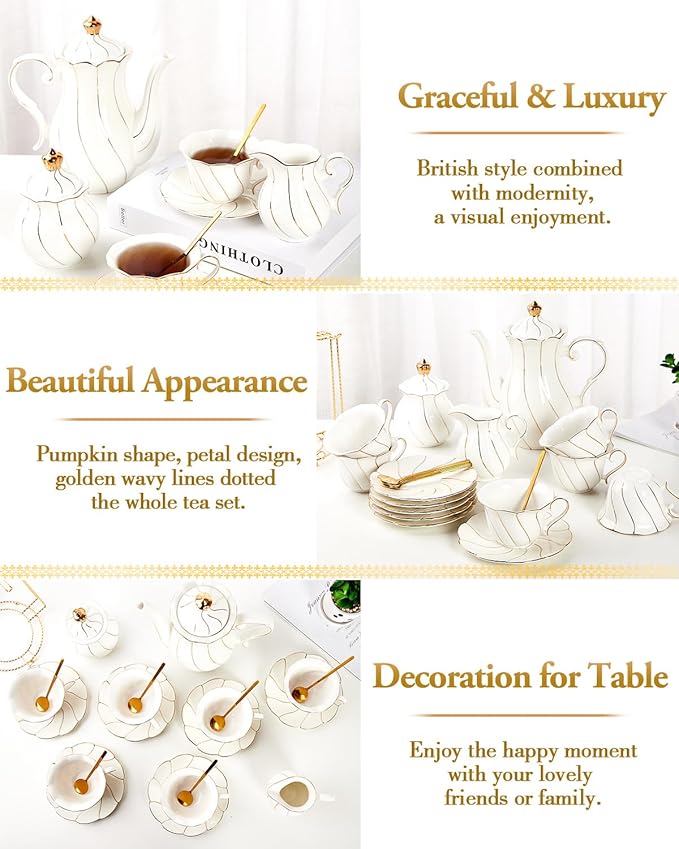 DUJUST 22 pcs White Porcelain Tea Set for 6, Luxury British Style Tea/Coffee Cup Set with Golden Trim, Beautiful Tea Set for Women, Tea Party Set, Gift Package (With a Stand) - Bloomnest
