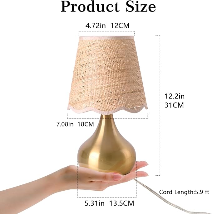 Gold Small Bedside Table Lamp for Bedroom, Brass Gold Mini Table Lamps for Nightstand, Rattan Shade Table Lamps for Small Spaces for Kitchen Counter, Bookshelf, Bedroom, Living Room, Kids Dorm - Bloomnest