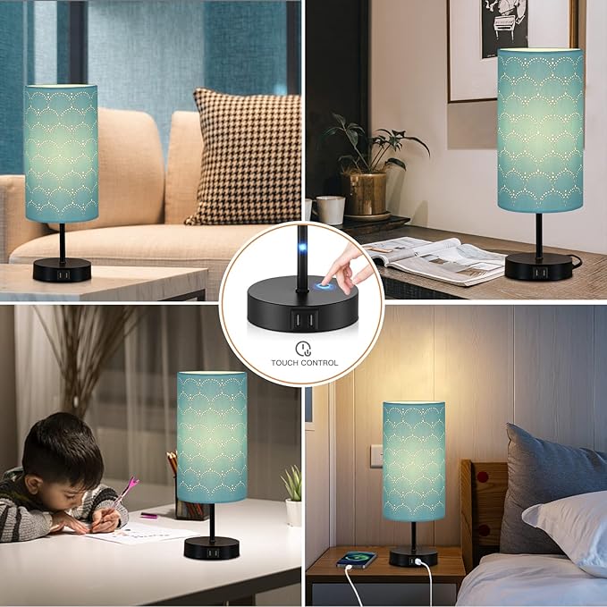 Touch Control Bedside Lamp with 2 USB Ports, 3-Way Dimmable Table lamp for Bedroom, Nightstand Lamp with Round Blue Fabric Shade for Living Room Home Office (E26 LED Bulb Included) - Bloomnest