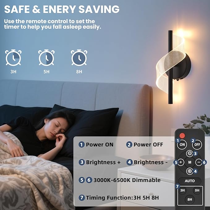 Cordless Wall Sconces Set of 2, Helical Wireless Rechargeable Battery Wall Light with Remote Control Dimmable. Portable Lighting for Wall Painting, Living Room, Bedroom, Night Light. 11.8''Black - Bloomnest