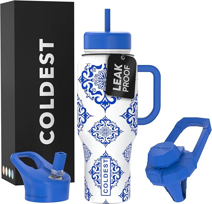 Coldest Tumbler with Handle and Straw - 100% Leak Proof Insulated Tumbler with Lid and Straw (3 Lids) - Stainless Steel Tumblers for Women & Men - Cup Holder Friendly Base, 36 oz (The European) - Bloomnest