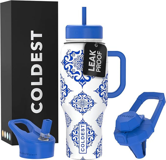 Coldest Tumbler with Handle and Straw - 100% Leak Proof Insulated Tumbler with Lid and Straw (3 Lids) - Stainless Steel Tumblers for Women & Men - Cup Holder Friendly Base, 36 oz (The European) - Bloomnest
