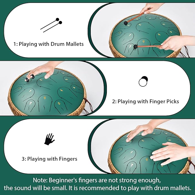 Steel Tongue Drum - 14 Inch 15 Note Tongue Drum - Hand Pan Drum with Music Book, Handpan Mallets and Carry Bag, C Major, Green - Bloomnest