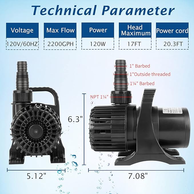 WaterRebirth (2200GPH-120W,UL listed) High Flow Large Fountain Submersible Water Pond Sump Pump Aquarium Electric Waterfall Pump Outdoor PS-2200 - Bloomnest