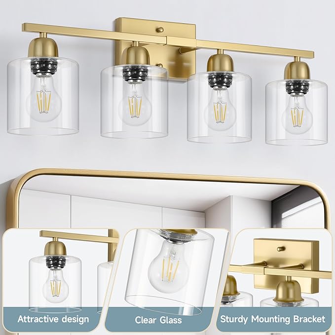 Modern Brushed Gold 4 Light Bathroom Light Fixtures, 24 inch Vanity Lights for Bathroom with Clear Glass for Mirror Kitchen Living Room Hallway Cabinet Porch - Bloomnest