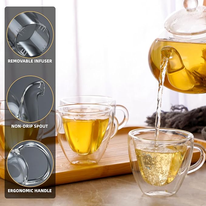 Glass Teapot Set, 40OZ/1200ml Stovetop Safe Glass Tea Kettle with 4 Double-Wall Tea Cups & Loose Tea Infuser & Tea Warmer, Dishwasher Safe Tea Maker, Blooming Tea Gift Set For Women - Bloomnest