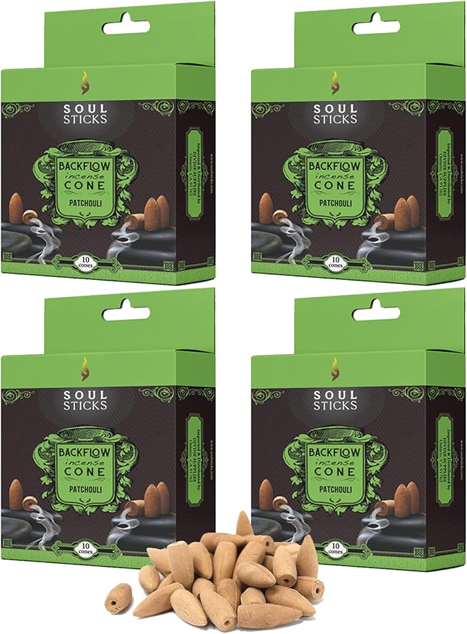 Soul Sticks Backflow Incense Cones – 40 Handmade Organic Cones for Waterfall Burner | 4 Pack Long Lasting Aromatic Scents | Thick White Smoke Incense for Meditation, Yoga & Gifts (Patchouli) SoulSticks