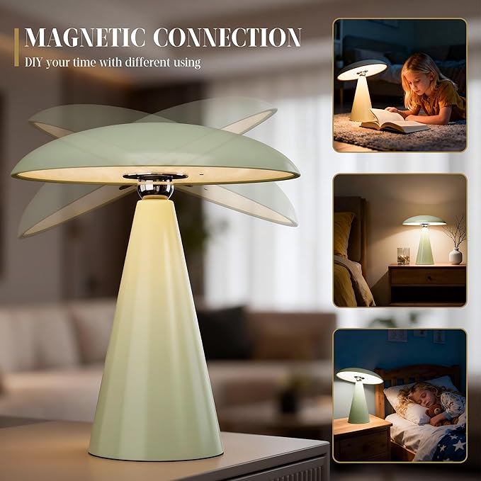 Mushroom Aesthetic Cute Lamp,Magnetic Mid Century Modern Lamp with 3-Mode Lighting for Unique Home Mushroom Decor,Cordless USB-C Rechargeable Lamps for Bedside/Dorm/Office Decor(Avocado Green) - Bloomnest
