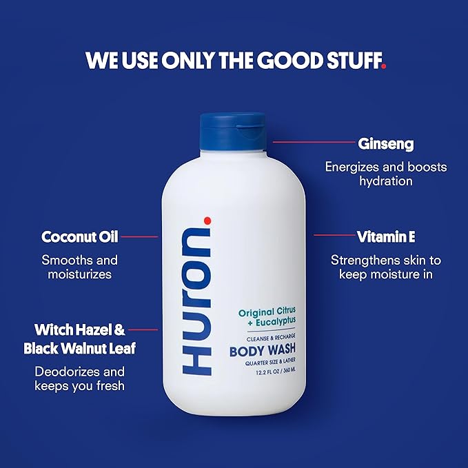 Huron Body Wash Scent Duo - Citrus + Eucalyptus & Sandalwood + Black Pepper Scents - Men’s Body Wash - Made With Coconut Oil, Vitamin E & Witch Hazel - Vegan, Cruelty-Free - 2 Pack, 12.2 fl oz - Bloomnest