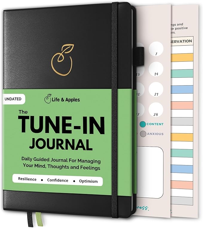 Life & Apples Journal for Women - Guided Mindfulness Journaling Notebook with prompts - for Improved Mental Health, Less Anxiety & Stress, More Positivity & Resilience - A5 Tune-in Black