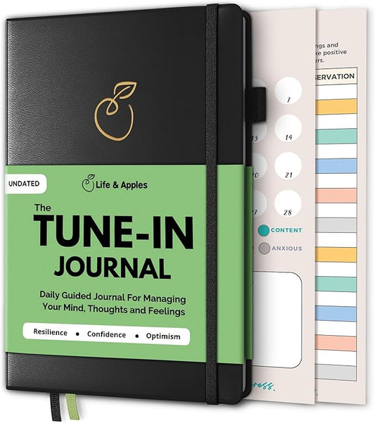 Life & Apples Journal for Women - Guided Mindfulness Journaling Notebook with prompts - for Improved Mental Health, Less Anxiety & Stress, More Positivity & Resilience - A5 Tune-in Black