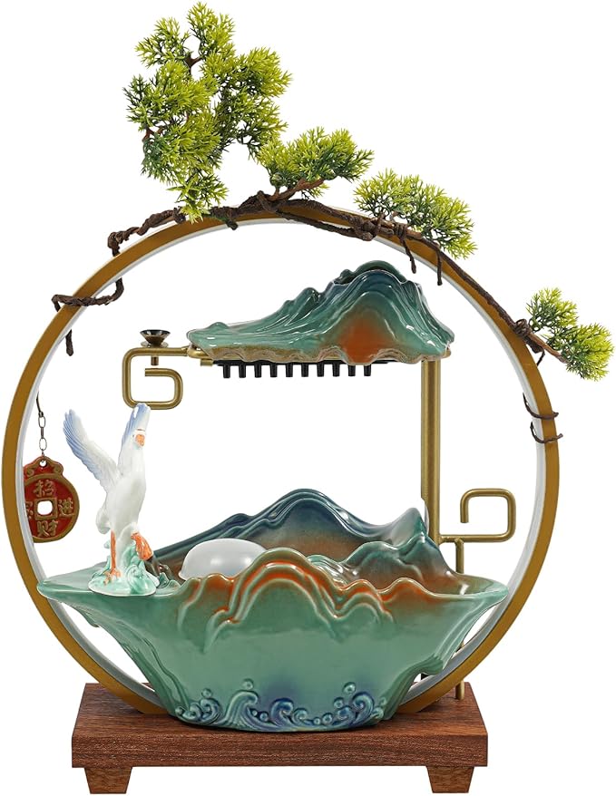 Tabletop Water Fountains, Indoor Water Fall with LED Light Zen Decor for Meditation with Mist, Japanese Decor with Fake Plants Feng Shui Decor for Good Luck Wealth - Bloomnest