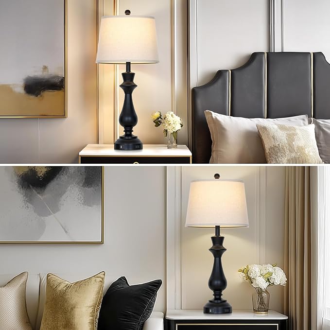 Modern Black Table Lamps Set of 2 for Living Room,30" Tall Bedside Lamp with USB Charging Port,3-Way Dimmable Touch Nightstand Lamp for Bedroom Desk Side Table Office,Black - Bloomnest