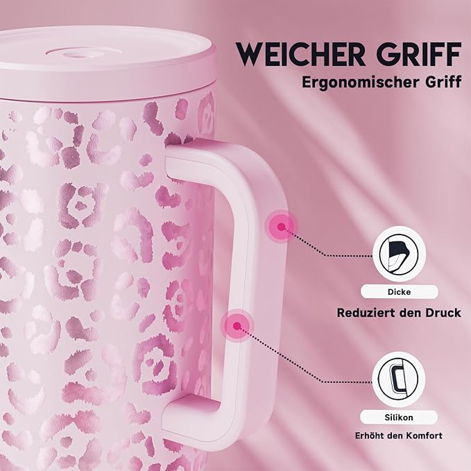 Meoky 40 oz Tumbler with Handle and Straw, Tumbler with Lid and Straw, Insulated Stainless Steel Travel Mug, 100% Leak-proof, Keeps Cold for 34 Hours or Hot for 10 Hours (Pink Leopard) - Bloomnest