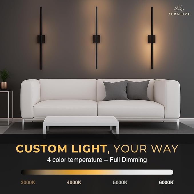 Auralume Wall Sconce Set of Two – Battery Operated LED Wall Lights with Remote, Dimmable, 4 Color Temps 3000K–6000K, 20,000mAh Rechargeable, Modern Indoor Wall Lamps - Bloomnest